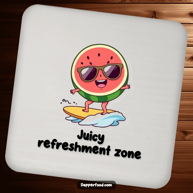 Funny watermelon surfer coaster, a cool slice with shades surfing a wave, perfect for drinks. A small but mighty funny gift.