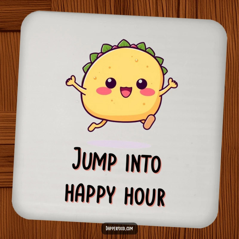 Funny Kawaii taco coaster featuring a cute taco character with tiny legs in a leaping stance.