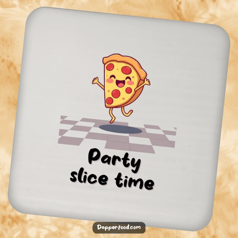 Funny pizza drink coaster featuring a smiling character doing a cartwheel on a checkered floor, adding playful charm.