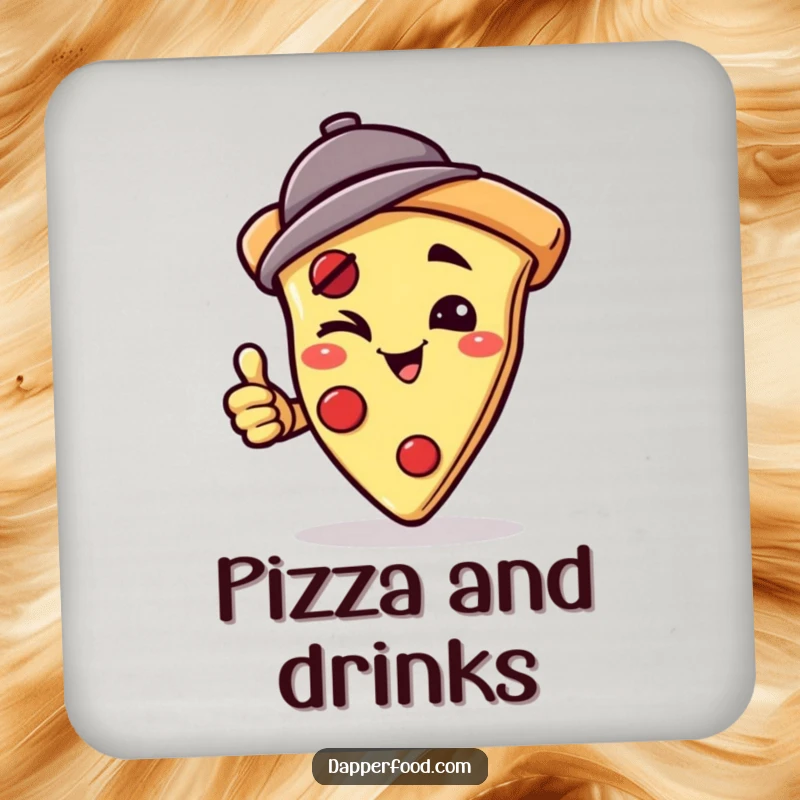 Funny drink coasters featuring a winking pizza slice character in a jaunty hat doing a handstand, offering protection and witty, food-themed art. Ideal funny gift.