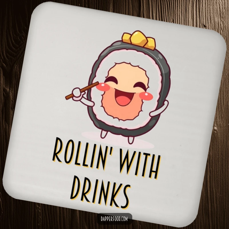 Funny drink coasters showcasing a cheerful sushi character juggling chopsticks, offering protection and humorous food-themed art. Ideal funny gift.