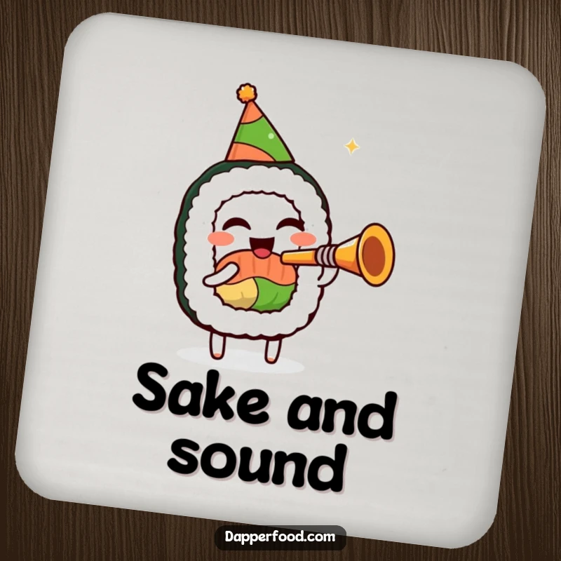 Funny sushi roll character drink coaster, wearing a party hat, playing a miniature trumpet, offering humorous and festive surface protection.
