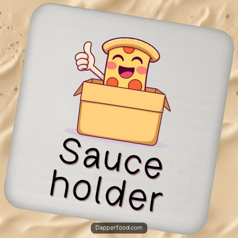 Funny drink coasters featuring a giggling slice of pizza triumphantly giving a thumbs-up from a giant box, protecting surfaces with humor.