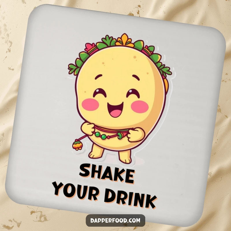 Funny taco coasters featuring a smiling anthropomorphic taco character shaking colorful maracas, protecting tables with festive humor.