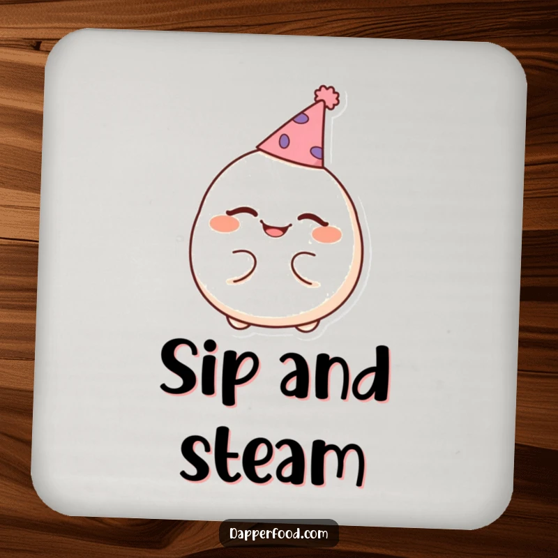 Funny drink coasters featuring a cheerful dumpling winking and wearing a tiny party hat, protecting surfaces with cute charm.