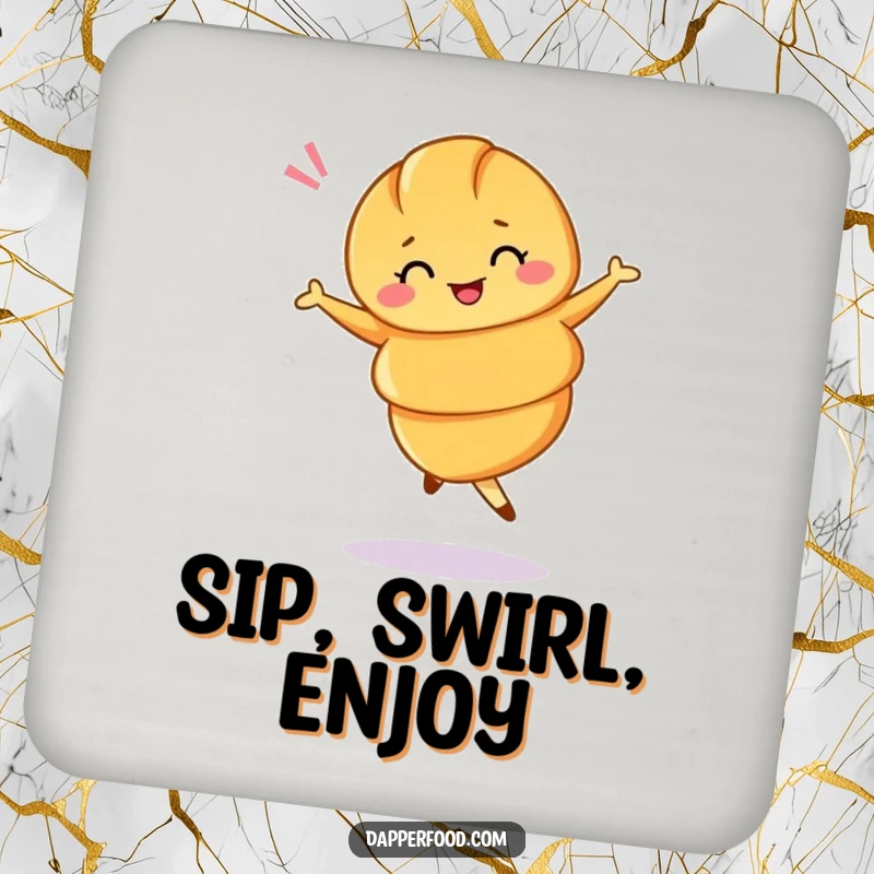 Funny coaster featuring a croissant in a ballet twirl, winking, protecting drinks with pastry charm.