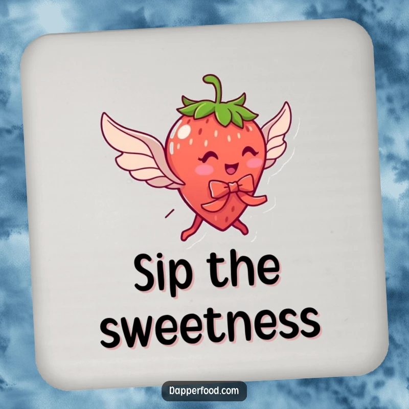 Funny drink coaster showing a delightful strawberry character with legs and wings, comically trying to fly with a ribbon, for surface protection.