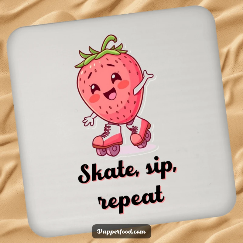 Funny strawberry character in roller skates, depicted on a humorous drink coaster for surface protection.