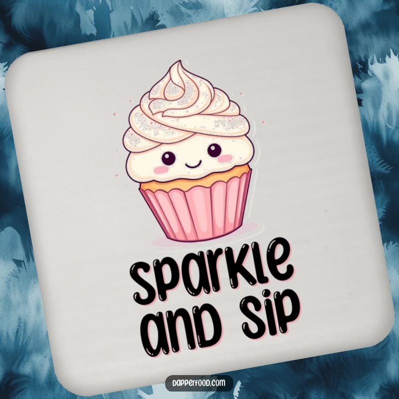 Funny cupcake coasters featuring a happy character with frosting hair showered in glitter, adding a decorative and humorous touch.