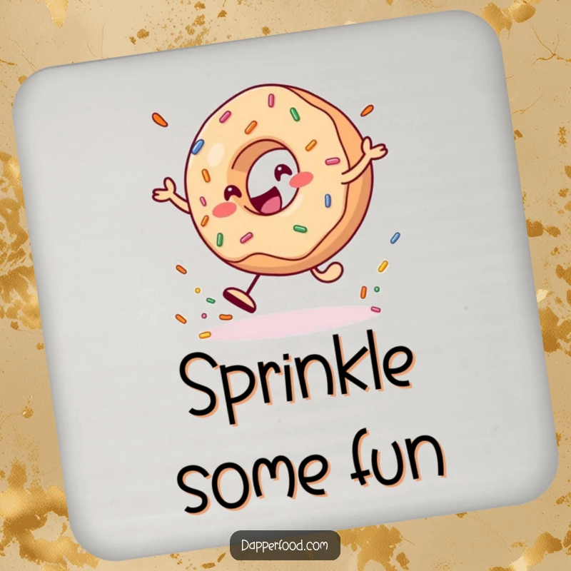 Funny Drink Coasters showing a cheerful donut character bouncing a large sprinkle, adding whimsical charm.