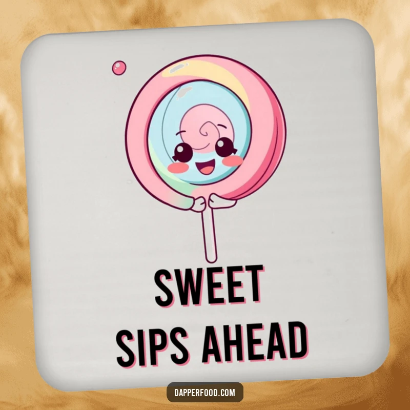 Funny Kawaii Lollipop Coasters: Set of coasters featuring a happy character spinning with glee, protecting surfaces with charm, a nice funny gift.