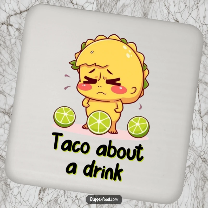 Funny coaster featuring a nervous taco sweating and juggling limes, protecting drinks with humorous flair.