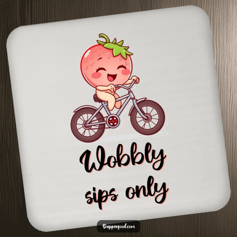 Funny strawberry character winking and riding a tiny bicycle with square wheels, humorous coasters for drinks.