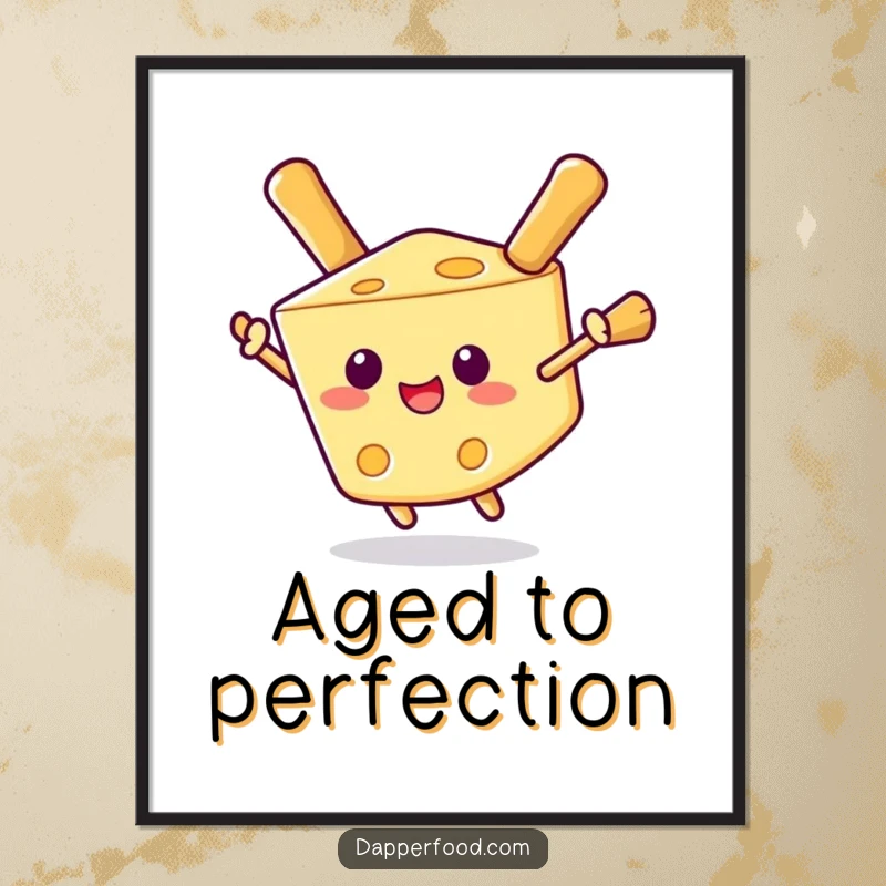 Funny poster of a happy cheese wedge attempting to fly using breadstick wings, adding whimsical decor and humor.