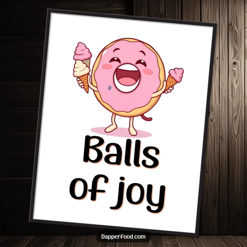 Funny donut character poster, big grin, hilariously juggling tiny ice cream cones, bringing sweet and humorous visual appeal.