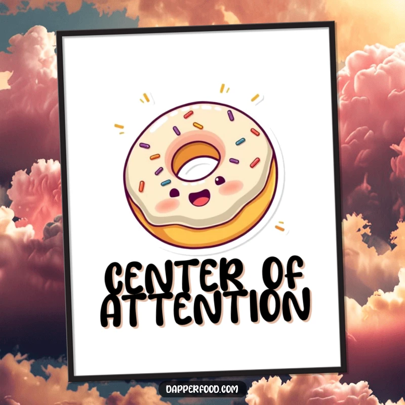 Funny poster illustrating an excited donut with sprinkles joyfully spinning on its edge, full of vibrant art.
