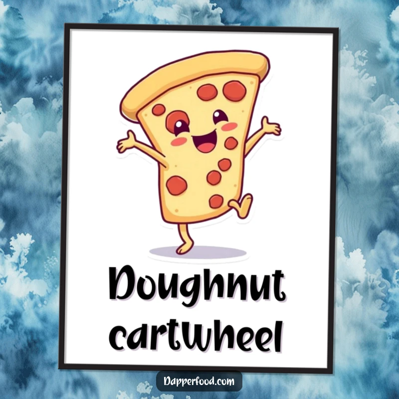 Funny Poster of a happy pizza slice character performing a dramatic cartwheel, bringing vibrant, cheesy energy.