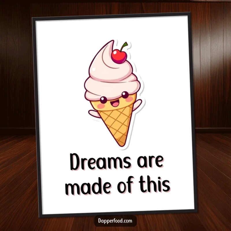 Funny Ice Cream Poster displaying a happy cone character with cherry topping, sliding down a rainbow, ideal for adding joyful and sweet wall decor.