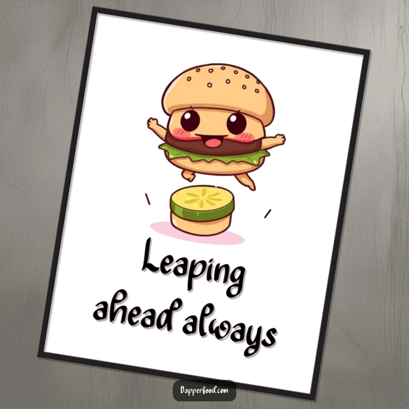 Funny poster of a burger patty leaping over a pickle slice, conveying determination and humor.