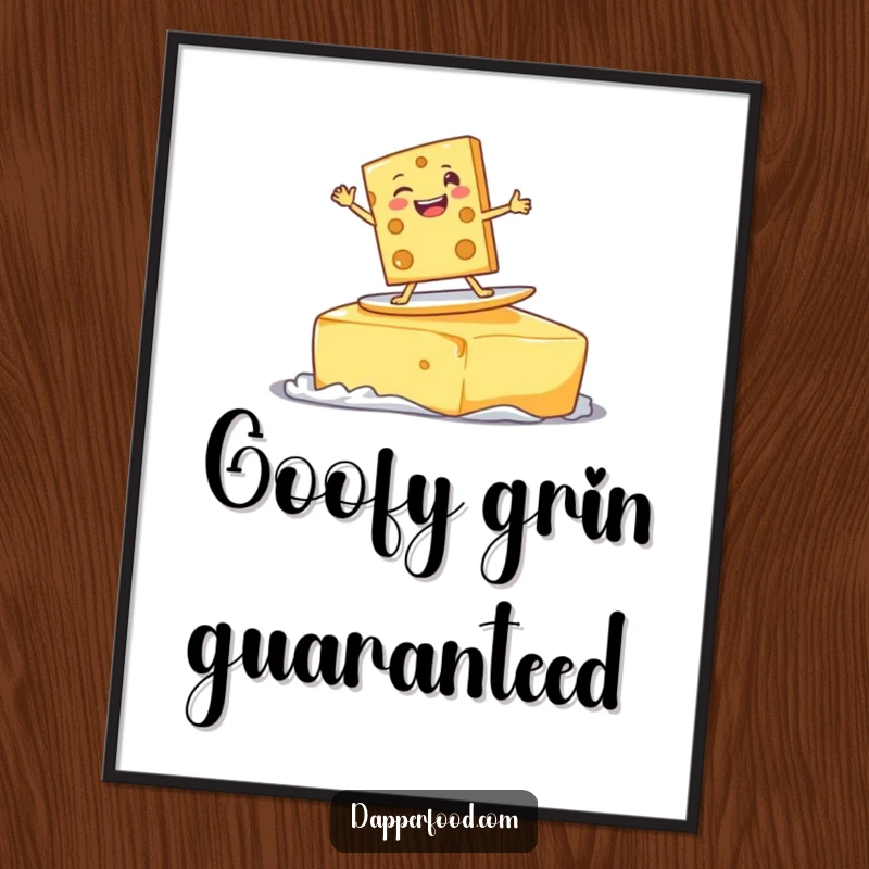 Funny delighted cheese slice character surfing on a giant pat of butter with a goofy grin, a humorous wall art poster.