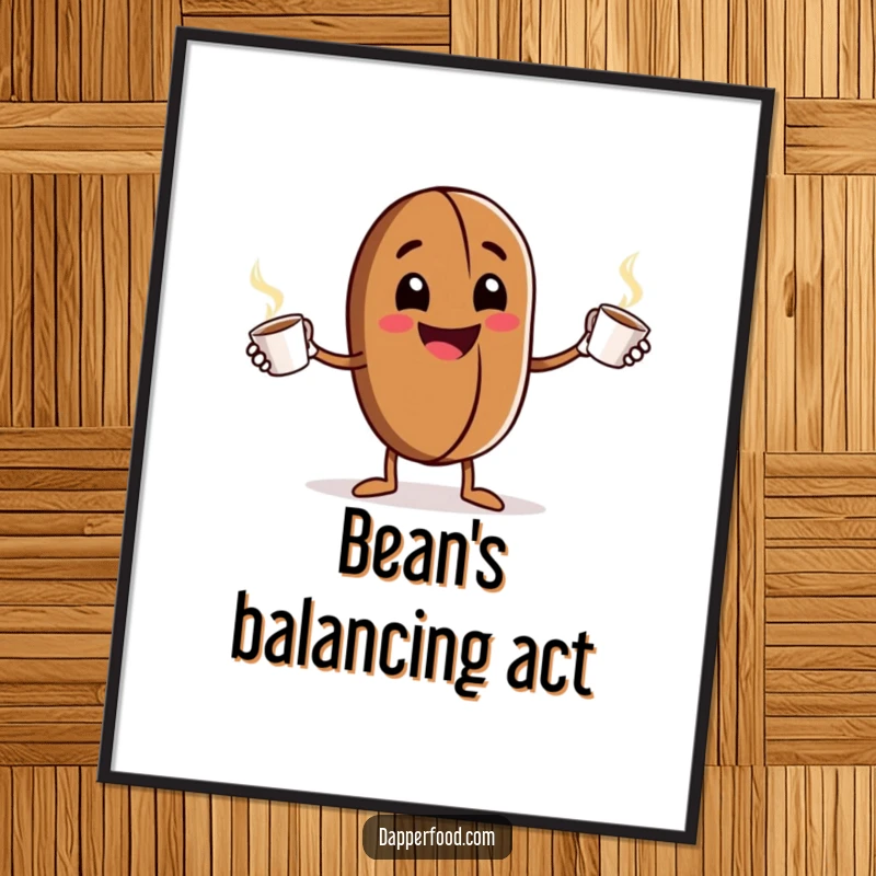 Funny Poster: Grinning anthropomorphic coffee bean character enthusiastically juggling tiny steaming cups, perfect for adding energetic humor to wall decor.