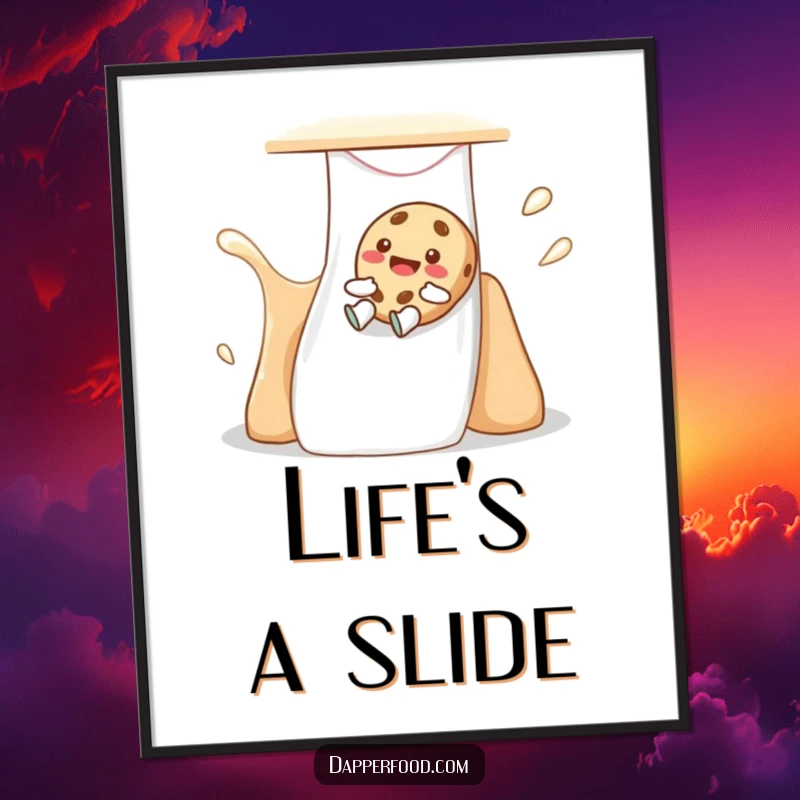Funny cookie poster art of a giggling character sliding down a milk-flavored slide, bringing sweet, playful energy.