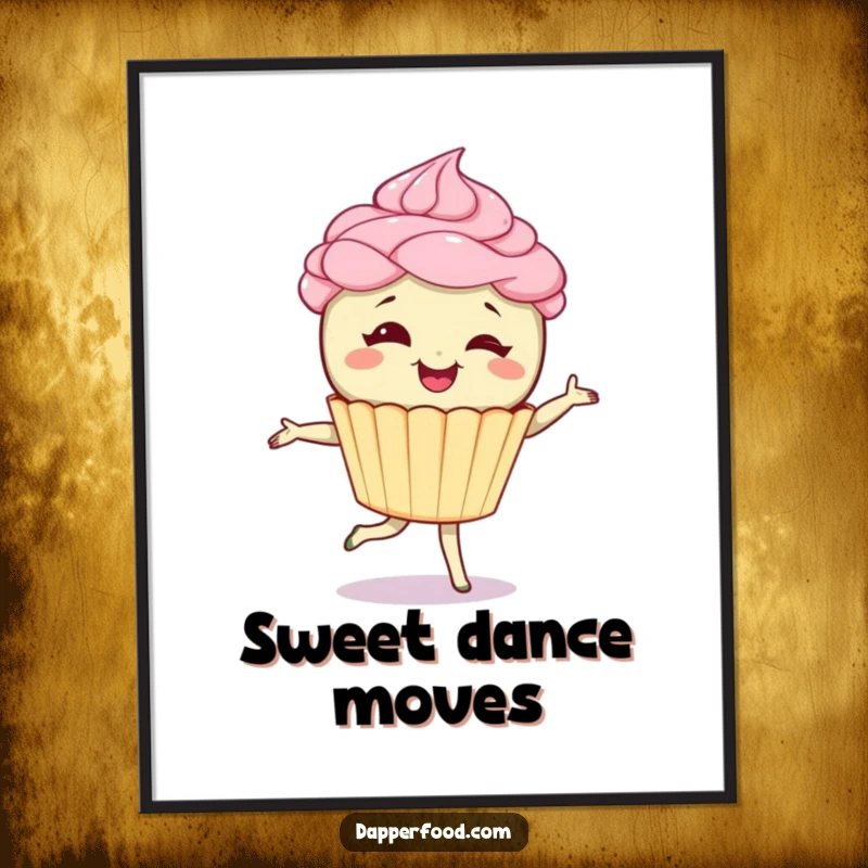 Funny poster showing a giggling cupcake character with frosting hair doing a pirouette, conveying sweet joy and playful elegance. Ideal funny gift.