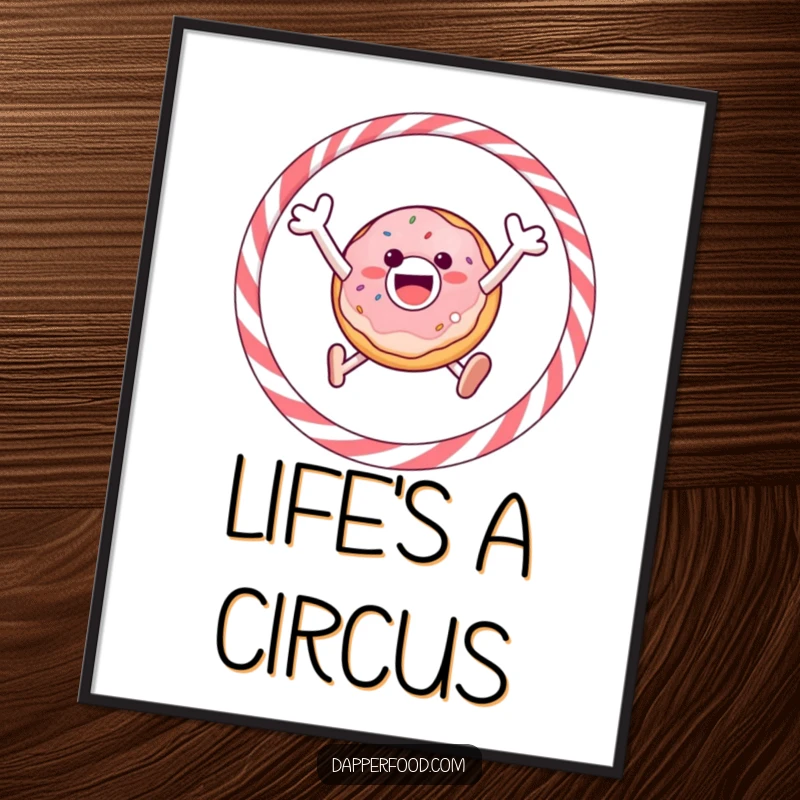 Funny poster of a gleeful donut enthusiastically jumping through a licorice hoop, perfect for playful wall decor.