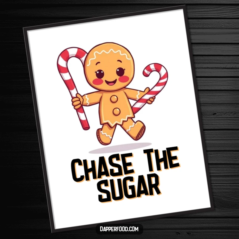 Funny poster artwork of a determined gingerbread man character sprinting with a large candy cane, creating a whimsical and cheerful wall display.