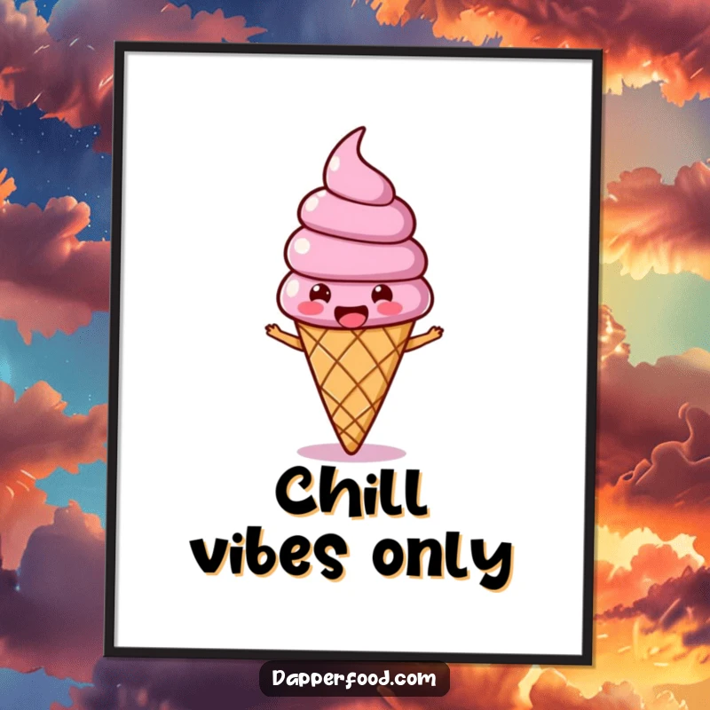 Funny Ice Cream Wobble Poster featuring a joyous ice cream cone character with a wobbling topping, bopping along merrily.