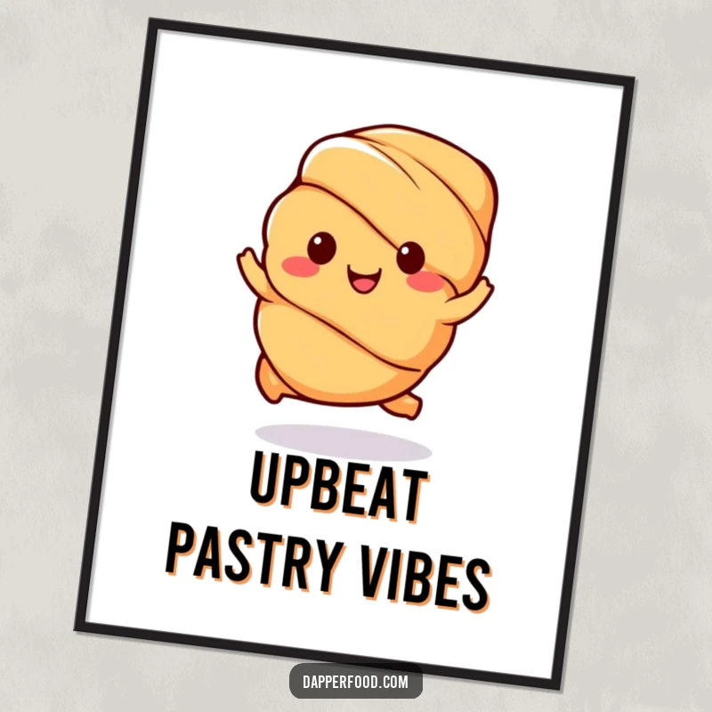 Funny Kawaii Croissant Poster: A cheerful character captured mid-hop, bringing pastry joy, a perfect funny gift.