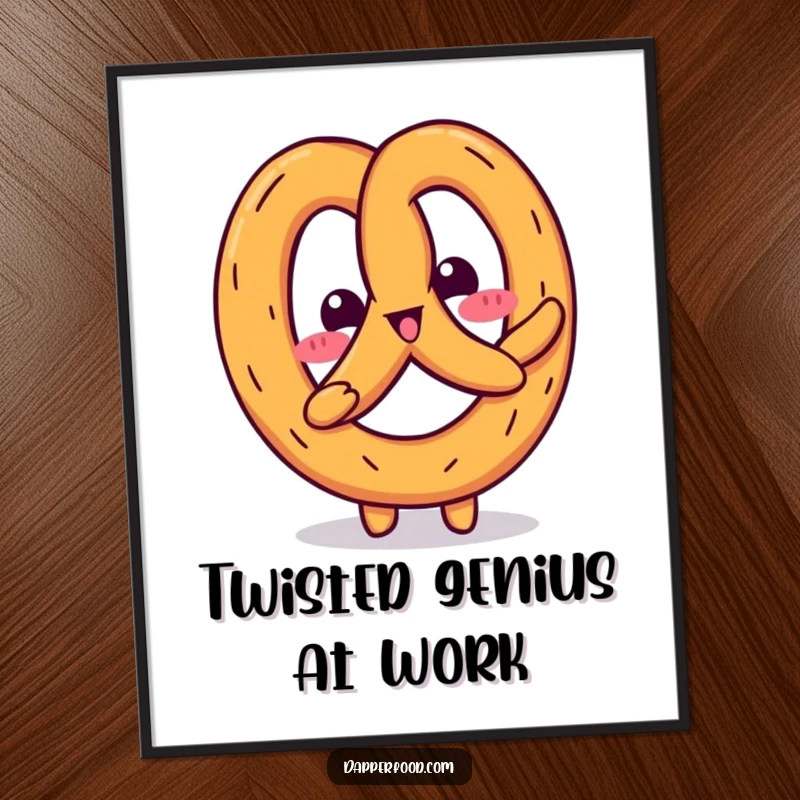 Funny Kawaii pretzel character in a dynamic wiggle pose, beautifully rendered as wall art, radiating infectious cartoon humor.
