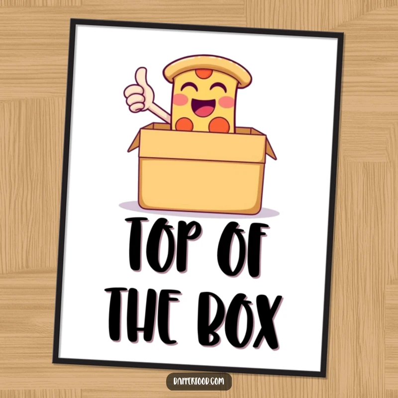 Funny poster of a giggling slice of pizza triumphantly giving a thumbs-up from a giant pizza box, perfect for food-themed decor.