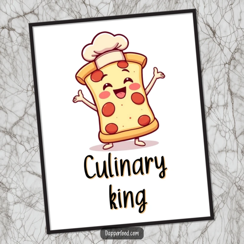 Funny poster illustrating a joyful pizza slice in a dramatic pose wearing a tiny chef hat, vibrant and bold.