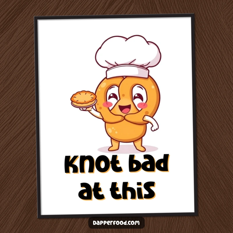 Funny pretzel character with an oversized chef hat, triumphantly presenting a miniature pie, a humorous wall art poster.