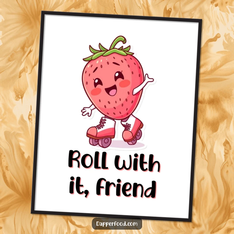 Funny strawberry character on roller skates, wobbling and delighted, featured as a vibrant and humorous poster.