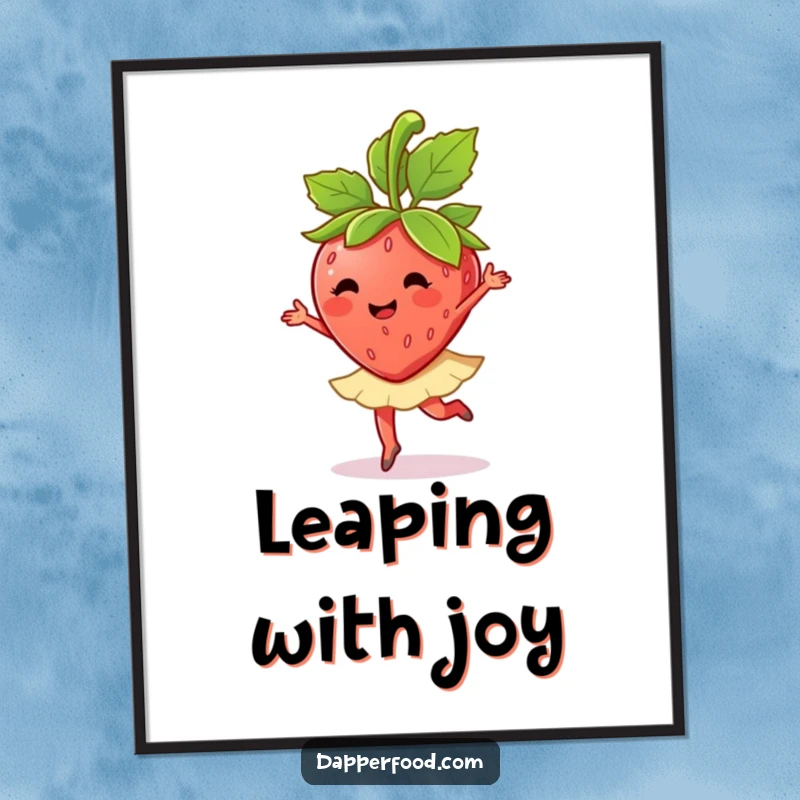 Funny anthropomorphic strawberry character in a ballet twirl with its leaves displayed on this charming poster.