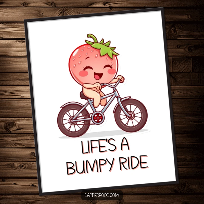 Funny strawberry character winking and joyfully riding a tiny bicycle with square wheels, a humorous wall art poster.
