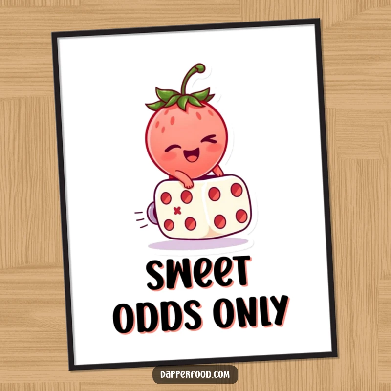 Funny Poster of a winking strawberry character riding a rolling dice, bringing good fortune and charm.