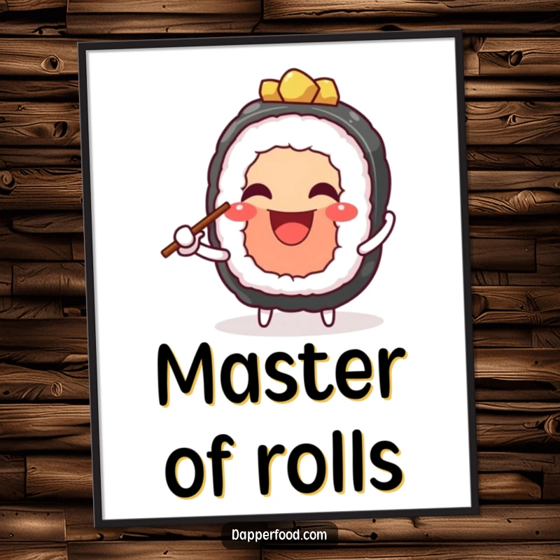 Funny poster featuring a cheerful sushi character with a wide grin juggling chopsticks, adding vibrant and humorous food art to any room. Funny gift.