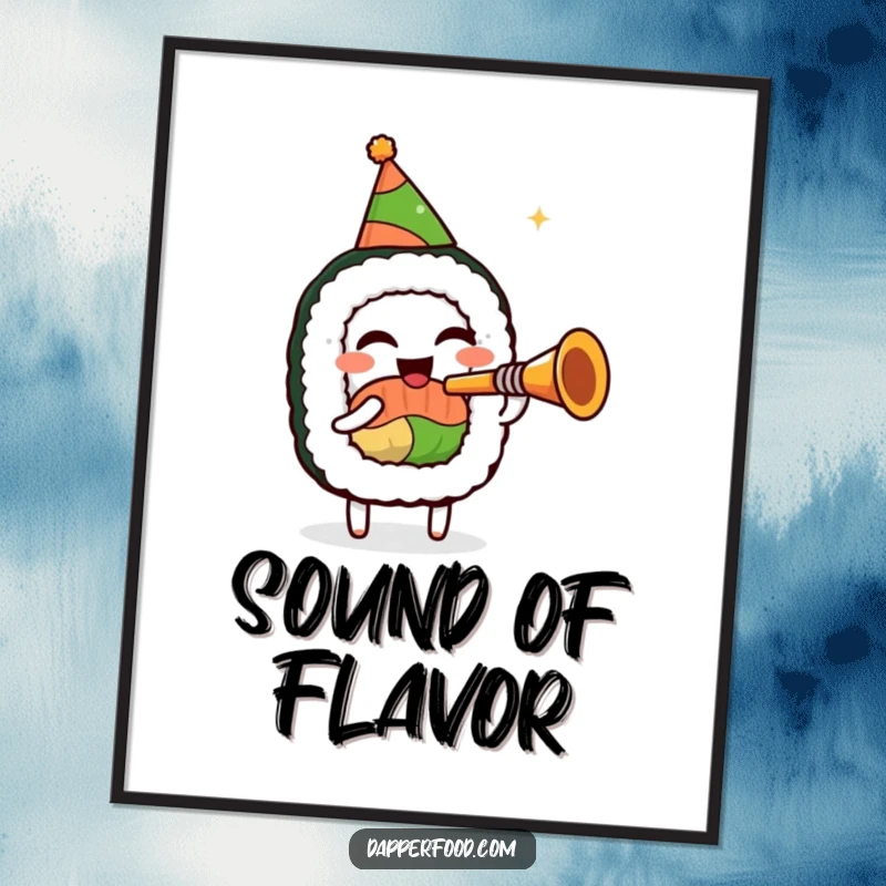 Funny sushi roll character poster, in a party hat, enthusiastically playing a tiny trumpet, capturing a moment of festive joy.