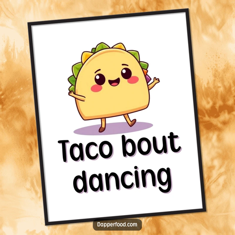 Funny Poster: A cheerful taco with legs salsa dances with a smiling burrito, showcasing vibrant Mexican food art and energy.
