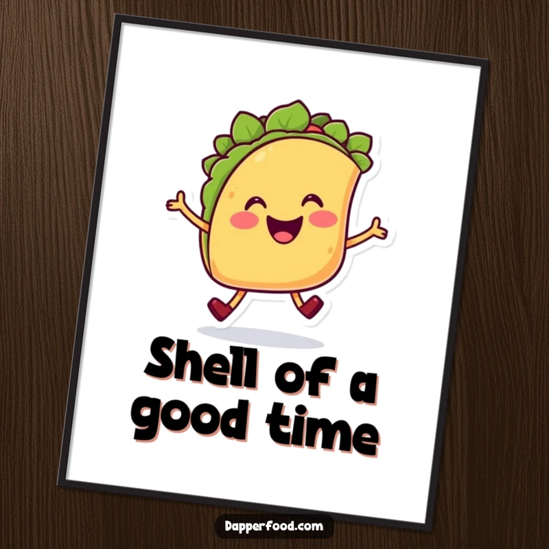 Funny Taco Hop Poster displaying a cheerful smiling taco character with legs doing a joyful hop, bringing fun to decor.