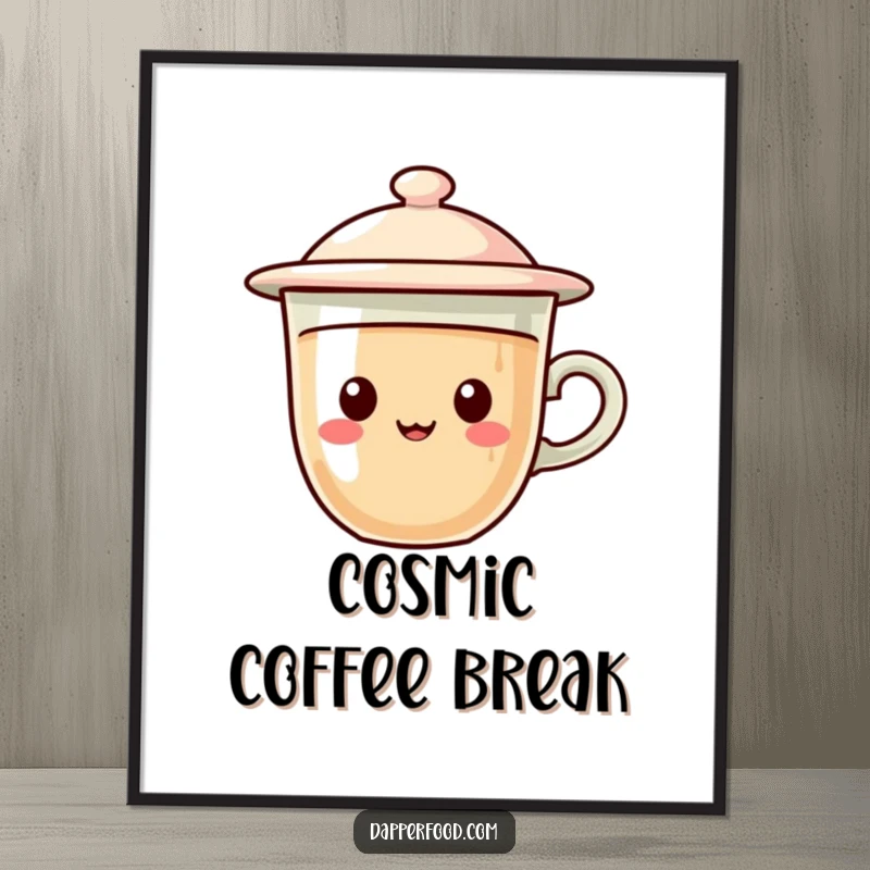 Funny poster depicting a coffee cup character with a flying saucer lid, gleefully hovering in a whimsical, cosmic scene.