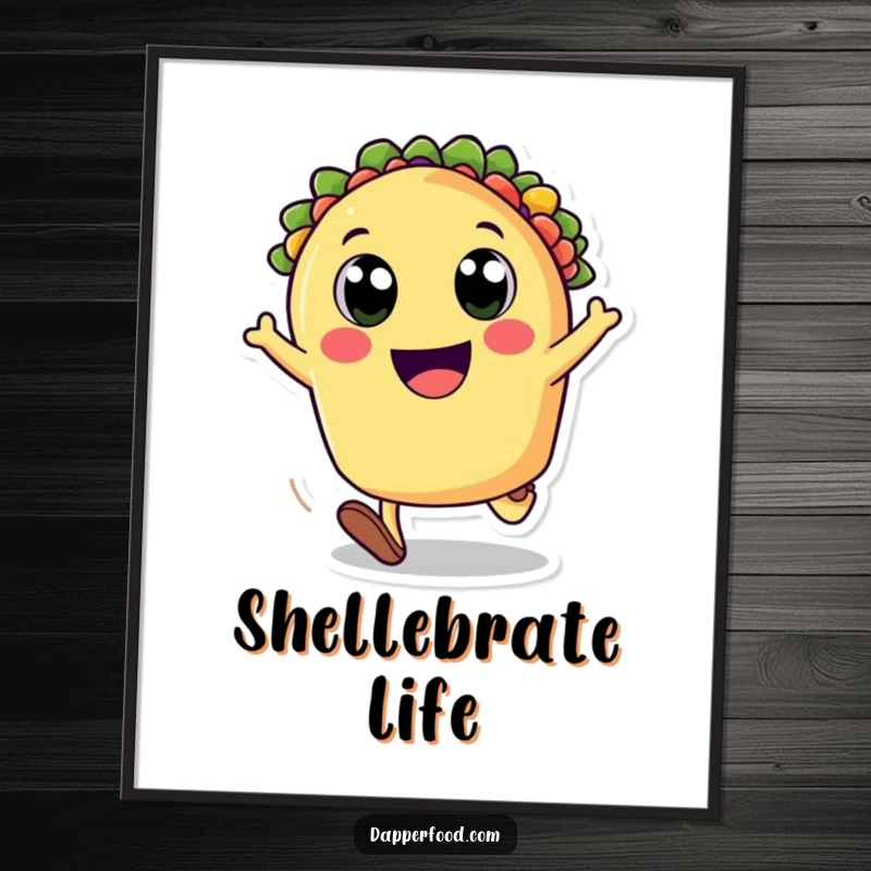 Funny poster showcasing a happy taco character cartwheeling with immense joy, bringing vibrant, playful food art to any wall. Ideal funny gift.