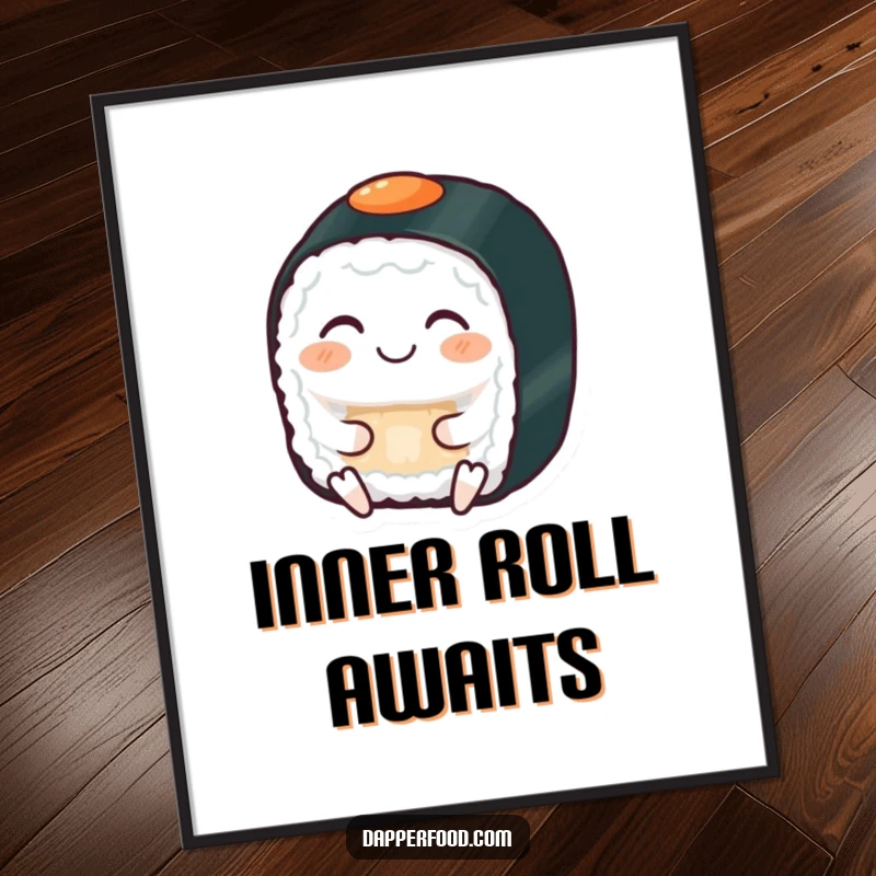 Funny poster illustrating a grinning sushi roll with eyes closed, serenely meditating, adding calm and humor.