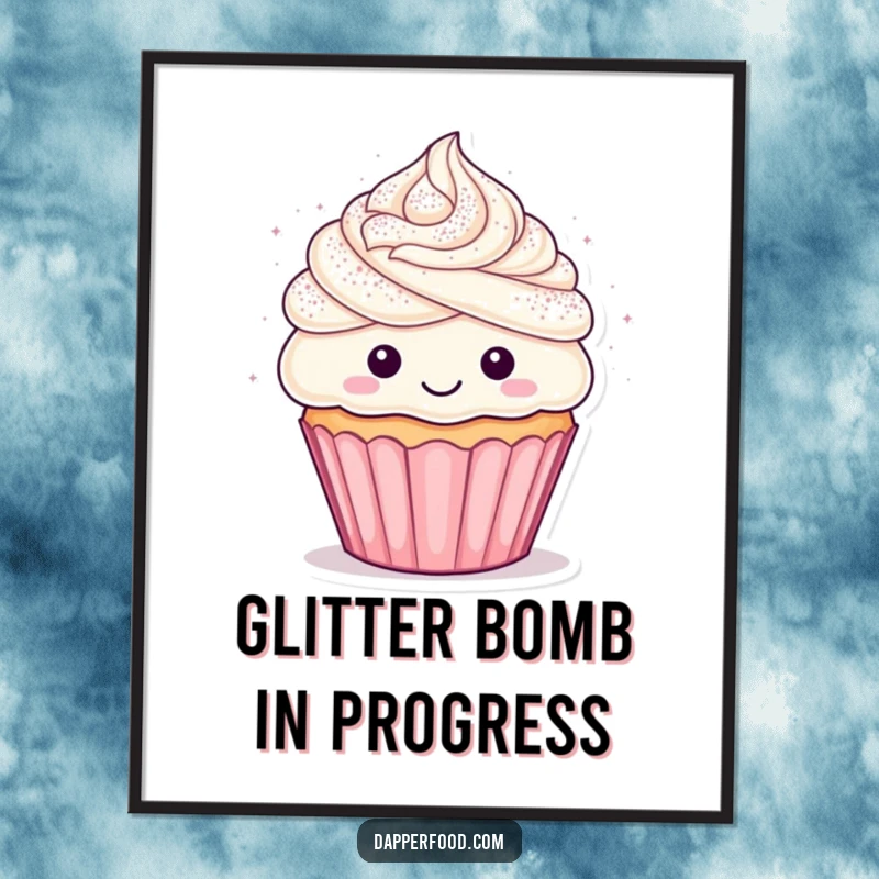 Funny cupcake art poster depicting a character with frosting hair showered in abundant glitter, an uplifting and humorous wall decoration.