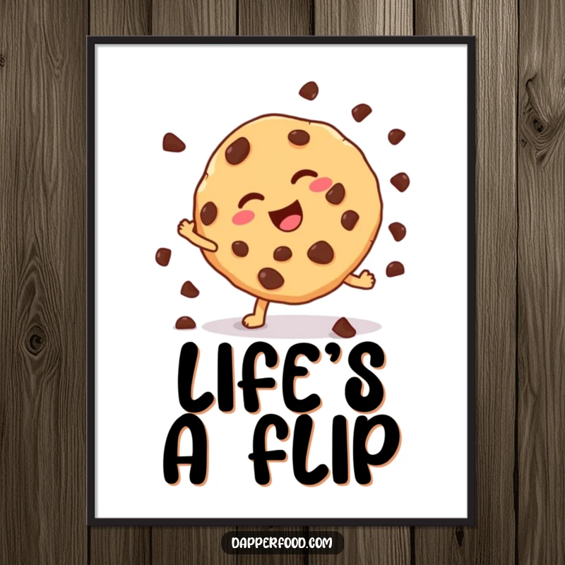 Funny cookie cartwheel poster, a chocolate chip character mid-cartwheel, bringing energetic vibes and sweet humor. Ideal funny gift.