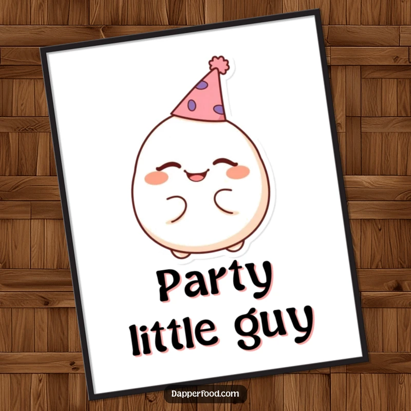 Funny poster of a cheerful dumpling winking while wearing a comically small party hat, perfect for festive decor.