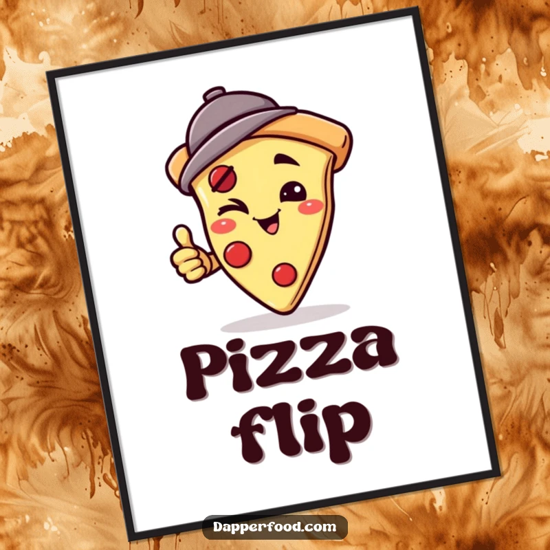 Funny poster showing a winking pizza slice character in a jaunty hat attempting a handstand, conveying quirky confidence and delicious humor. Ideal funny gift.